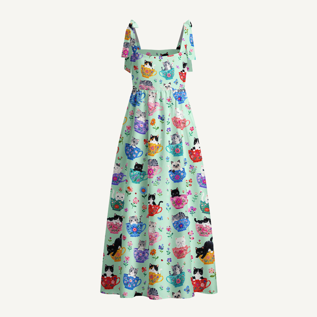 Cute Teacup Kitten Print Bow Strap Maxi Dress