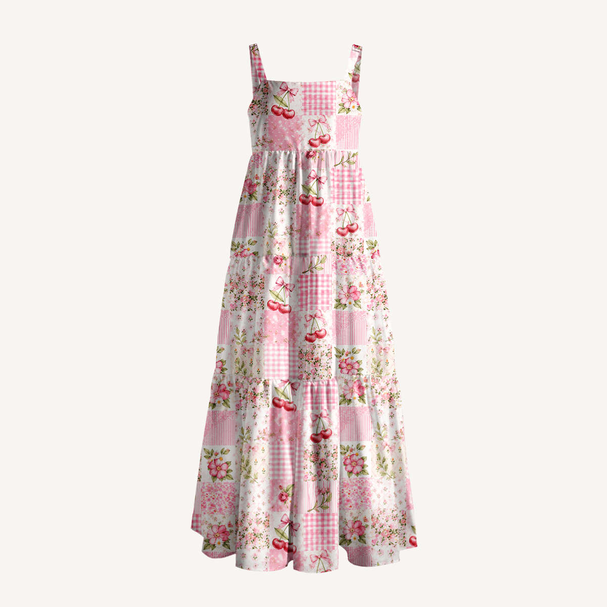 Strawberry Bow Garden Patchwork Print Wide Straps Maxi Dress With Pockets