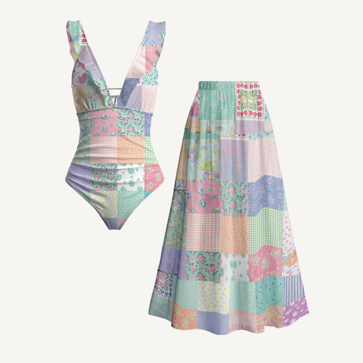 Vintage Quilt Patchwork Ruffled V Neck One Piece Swimsuit and Matching Midi Skirt Set