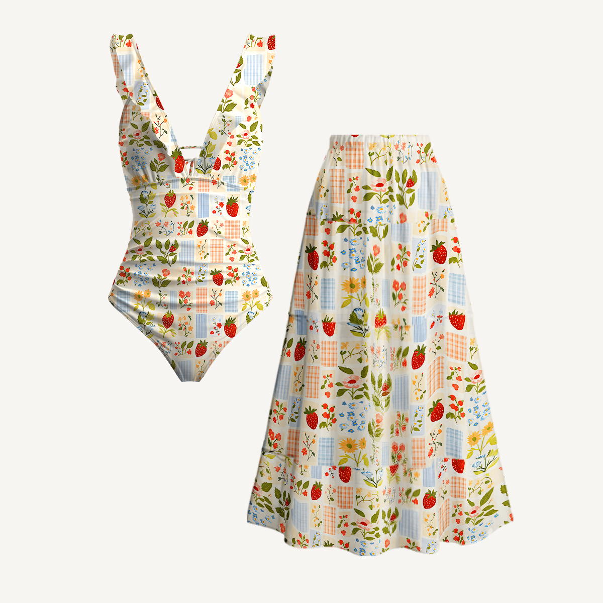 Strawberry Garden Patchwork  Ruffled V Neck One Piece Swimsuit and Matching Midi Skirt Set
