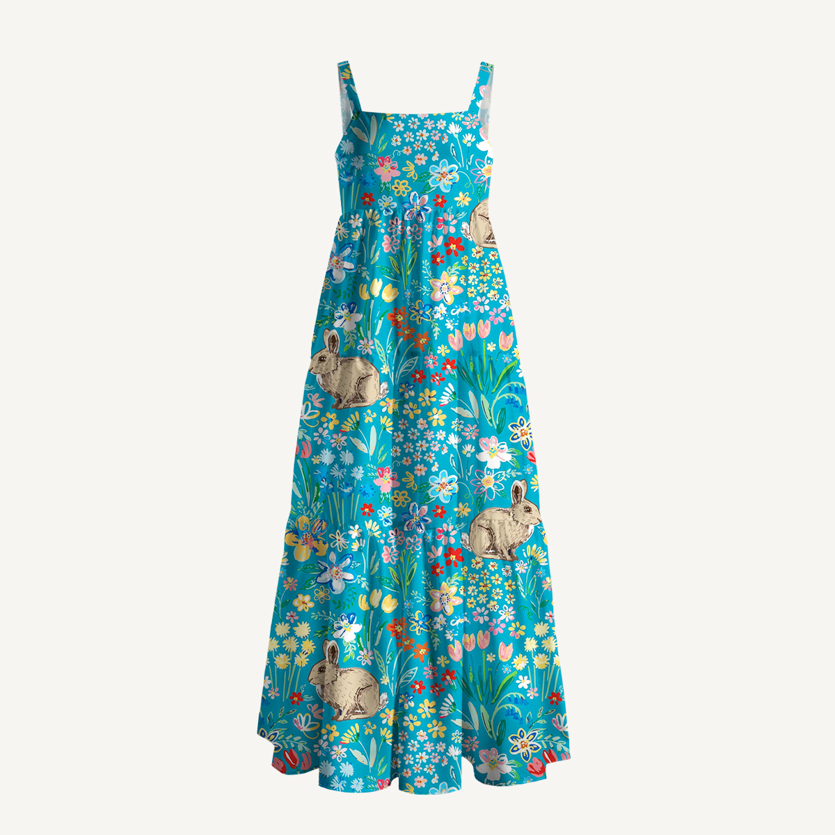 Blue Garden Rabbit Print Wide Straps Maxi Dress With Pockets