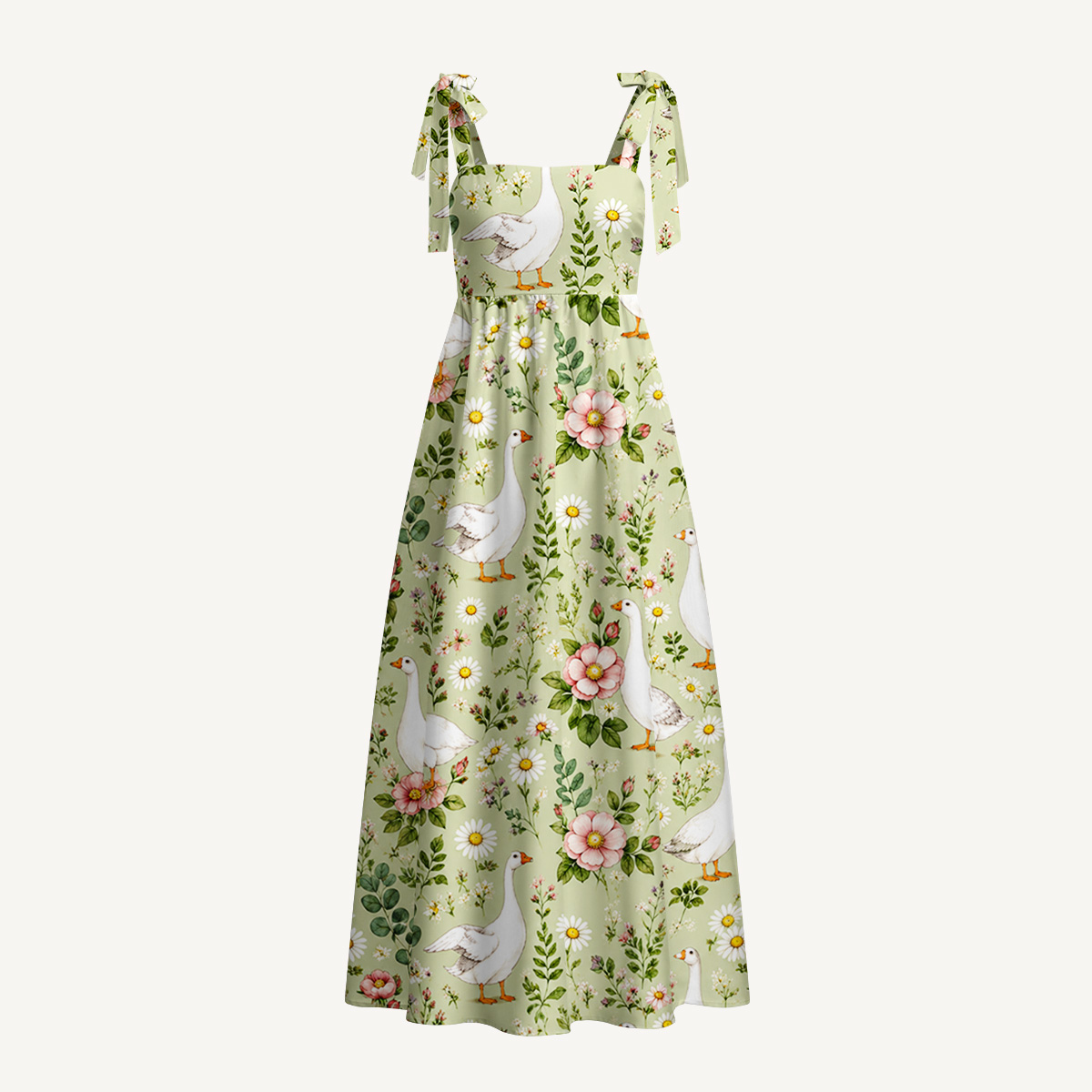 Pastoral Goose Garden Print Bow Strap Maxi Dress