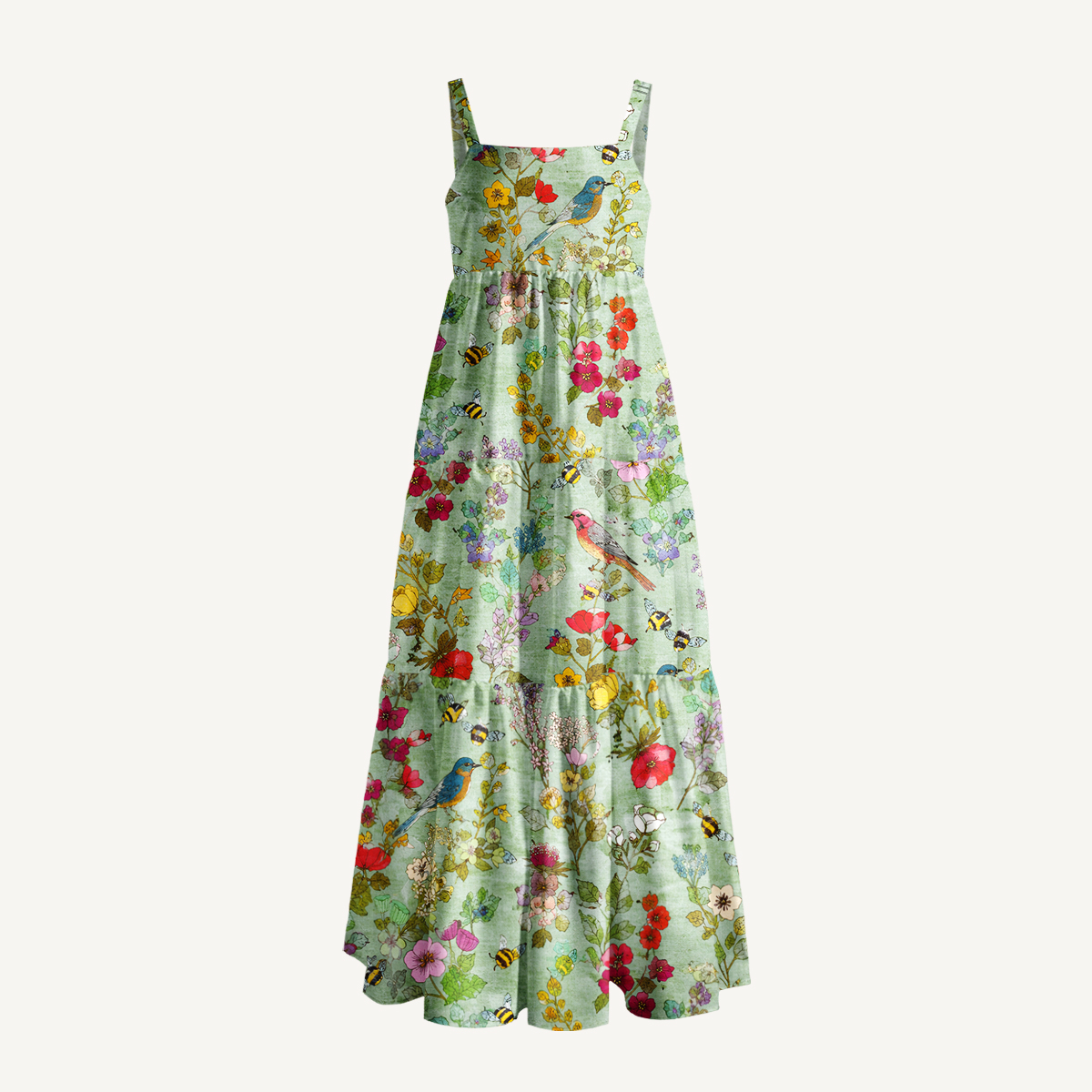 Hummingbirds and Bees Print Wide Straps Maxi Dress With Pockets
