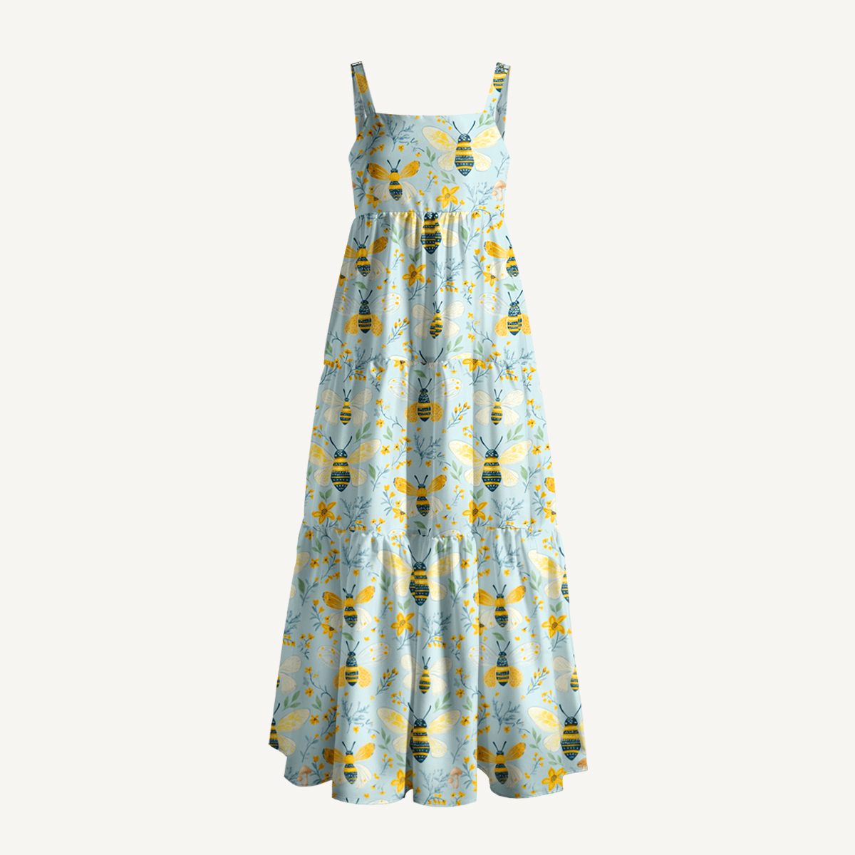 Vintage Floral Bees Print Wide Straps Maxi Dress With Pockets