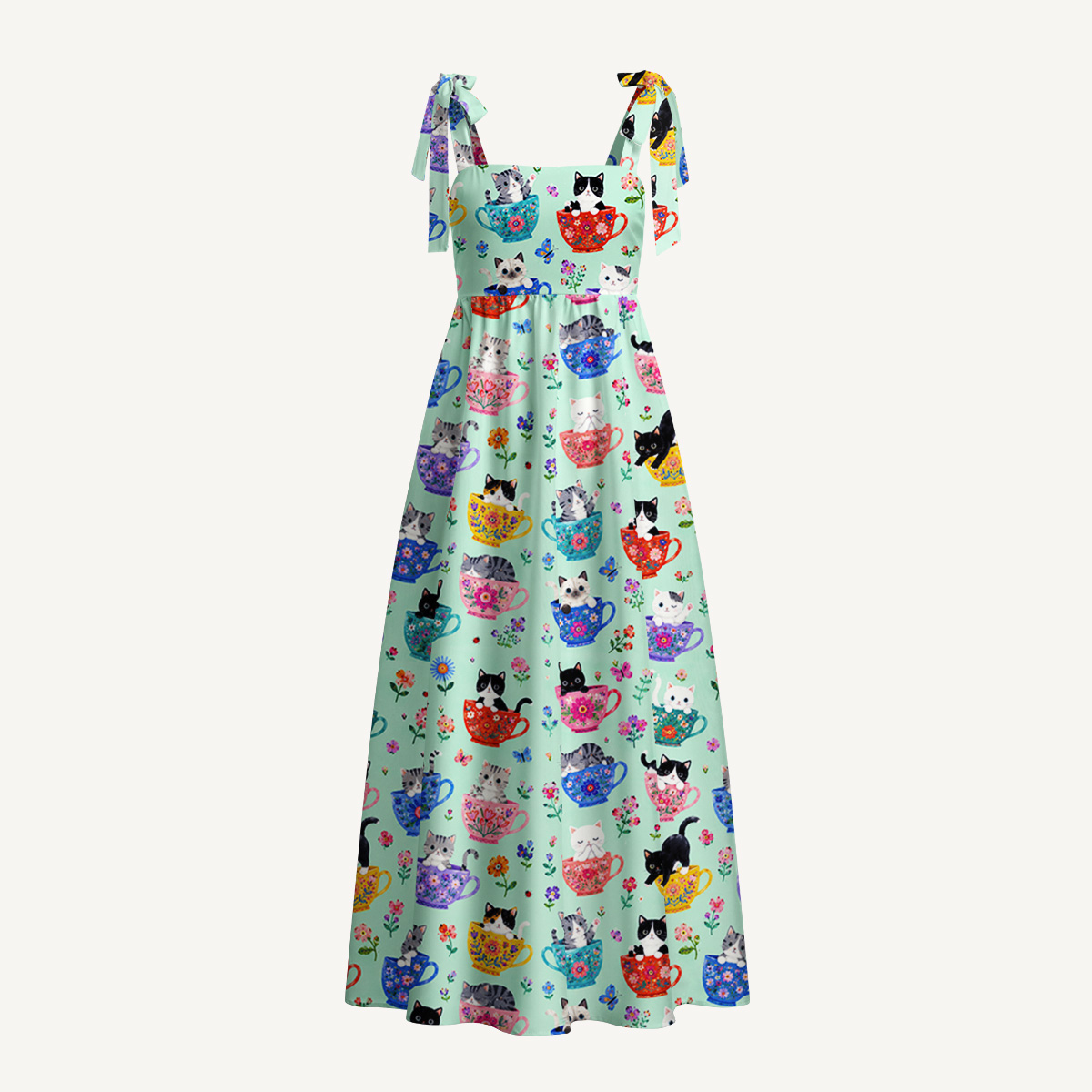 Cute Teacup Kitten Print Bow Strap Maxi Dress