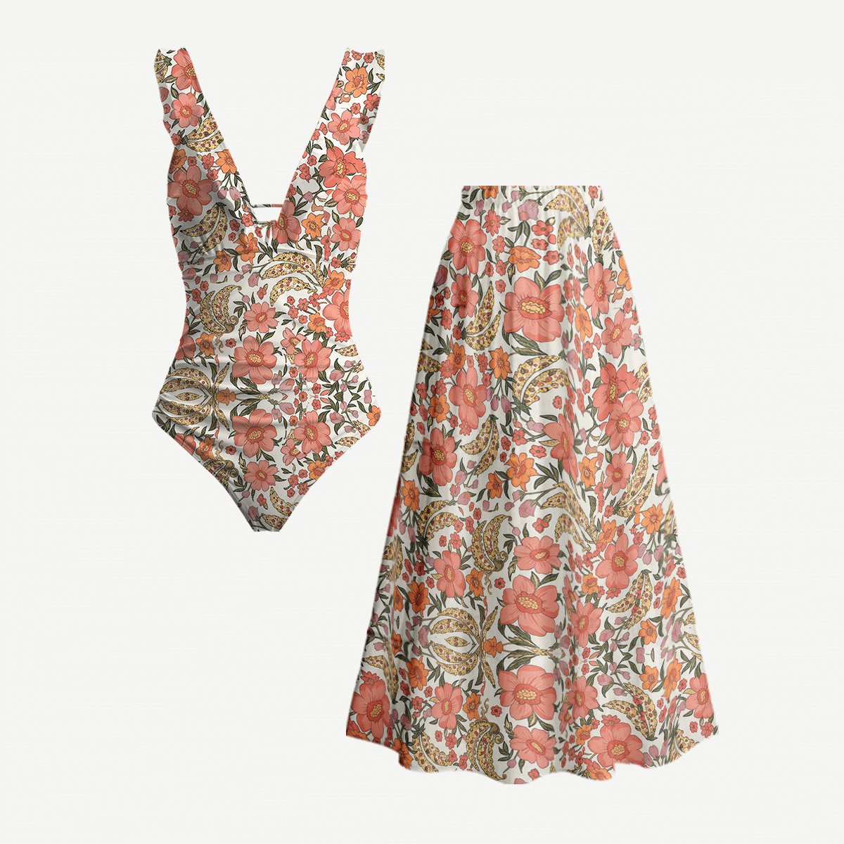 Amber Bloom Ruffled V Neck One Piece Swimsuit and Matching Midi Skirt Set