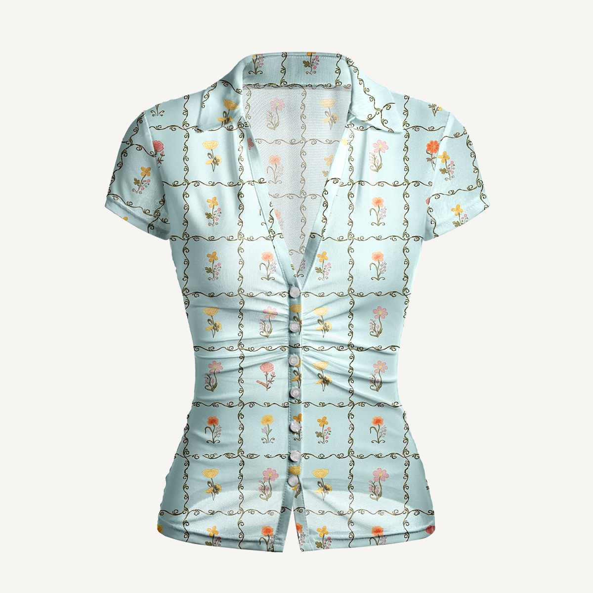 V-Neck Short Sleeve Sunny Garden Tiles Print Mesh Top