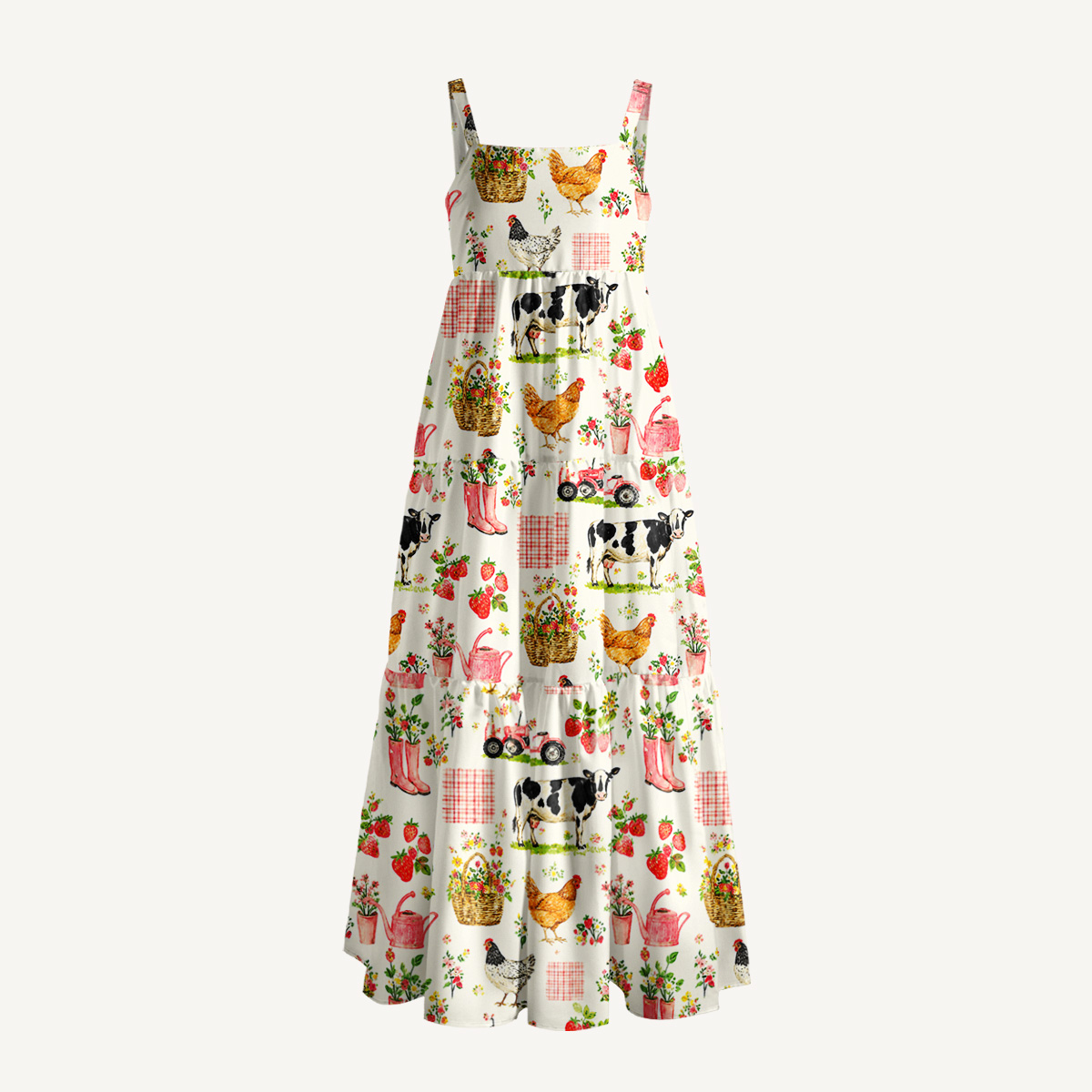 Watercolor Pink Farm Chicken Cow Print Wide Straps Maxi Dress With Pockets