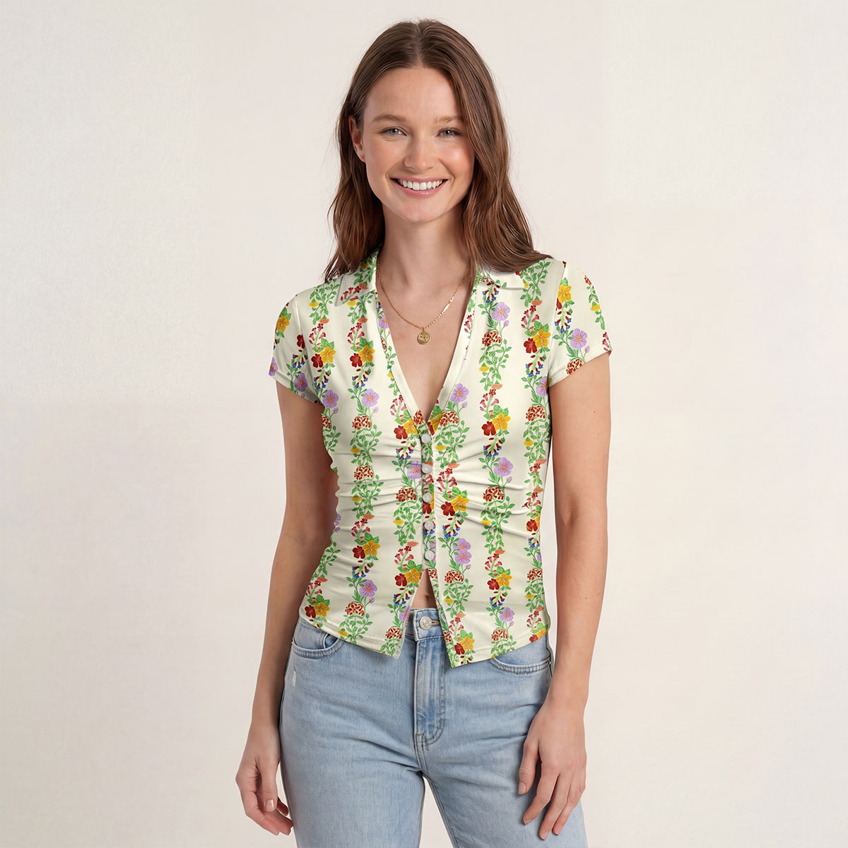 V-Neck Short Sleeve Blossom Trail Print Mesh Top