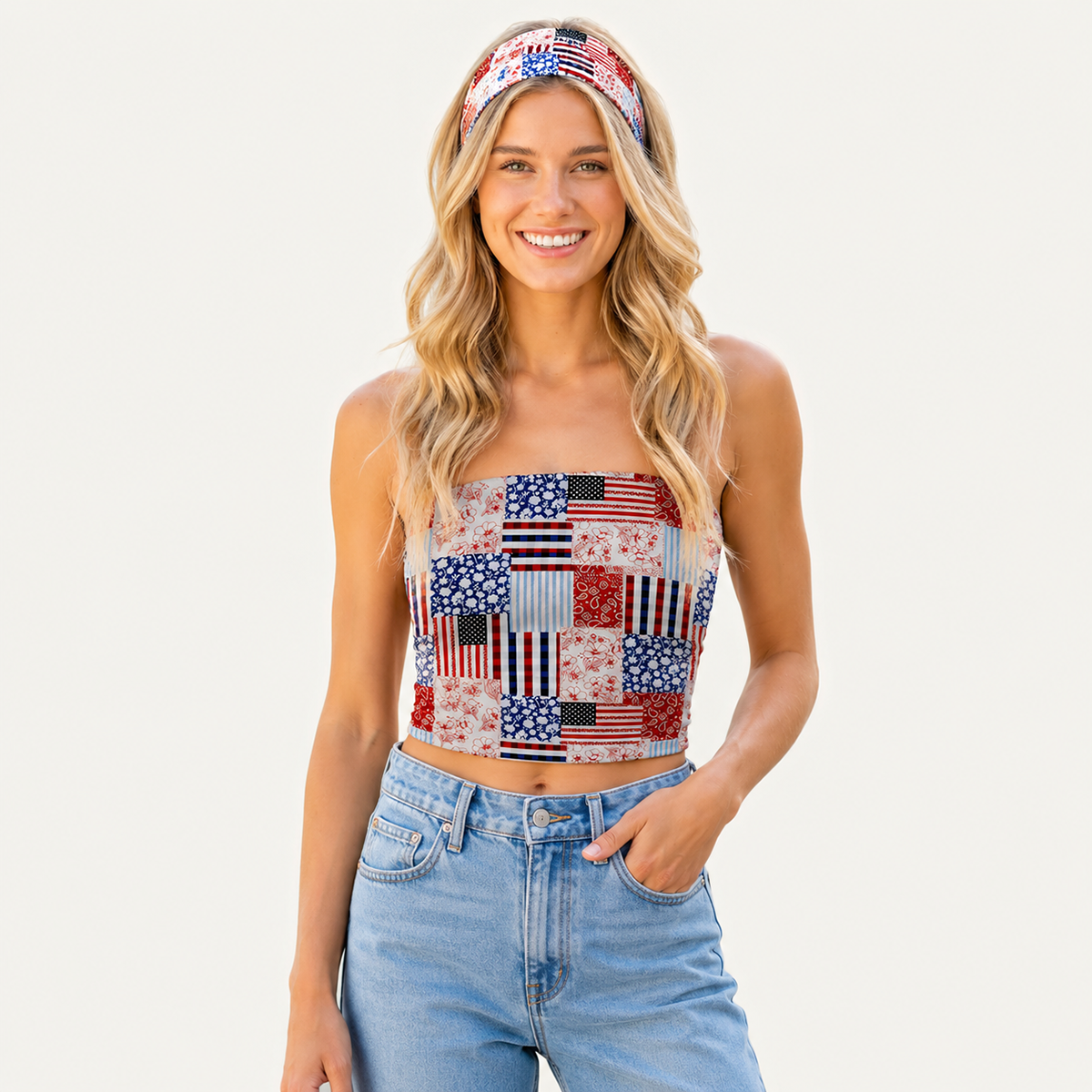 Patriotic Patchwork Quilt Print Boho Bandeau Headband