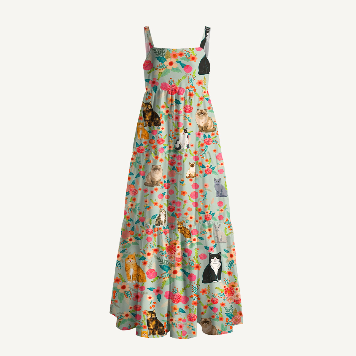 Square Neck Flower Cat Print Wide Straps Maxi Dress With Pockets