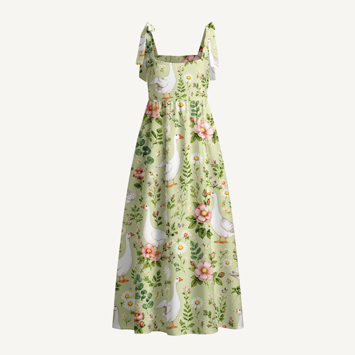 Pastoral Goose Garden Print Bow Strap Maxi Dress