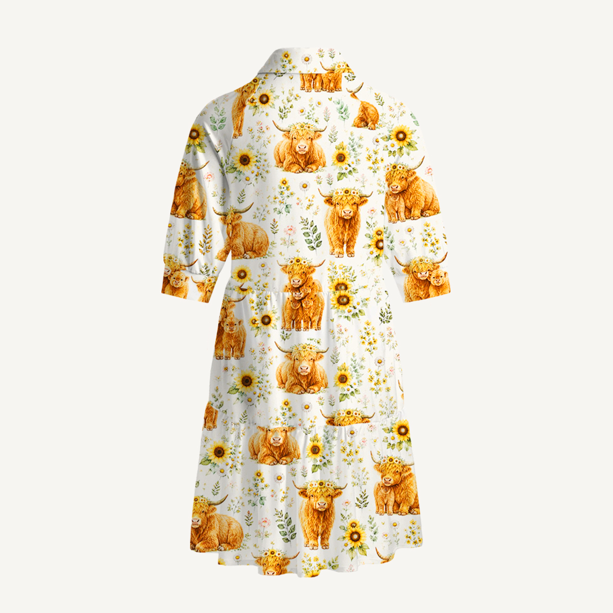 V Neck Collared Spring Highland Cow Mini Dress For Women With Pockets
