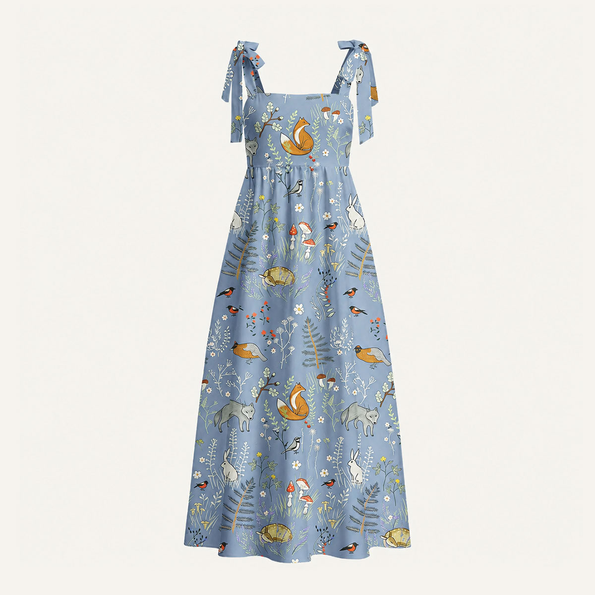 Whimsical Woodland Animals Print Bow Strap Maxi Dress