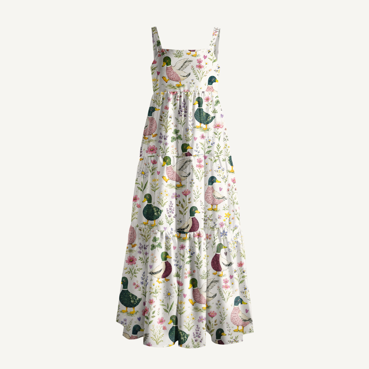 Watercolor Duck Print Wide Straps Maxi Dress With Pockets