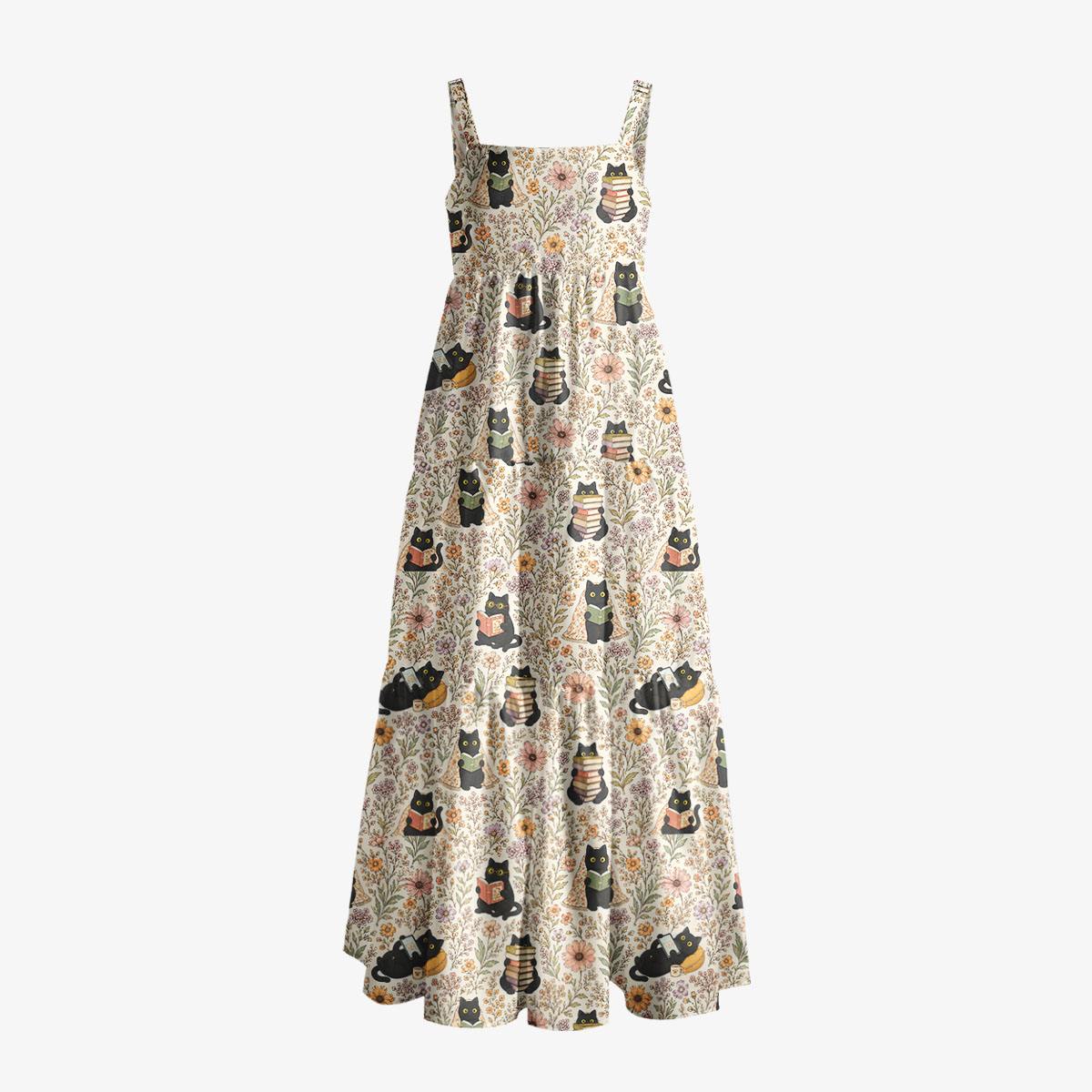 Books Blooms and Black Cats Print Wide Straps Maxi Dress With Pockets