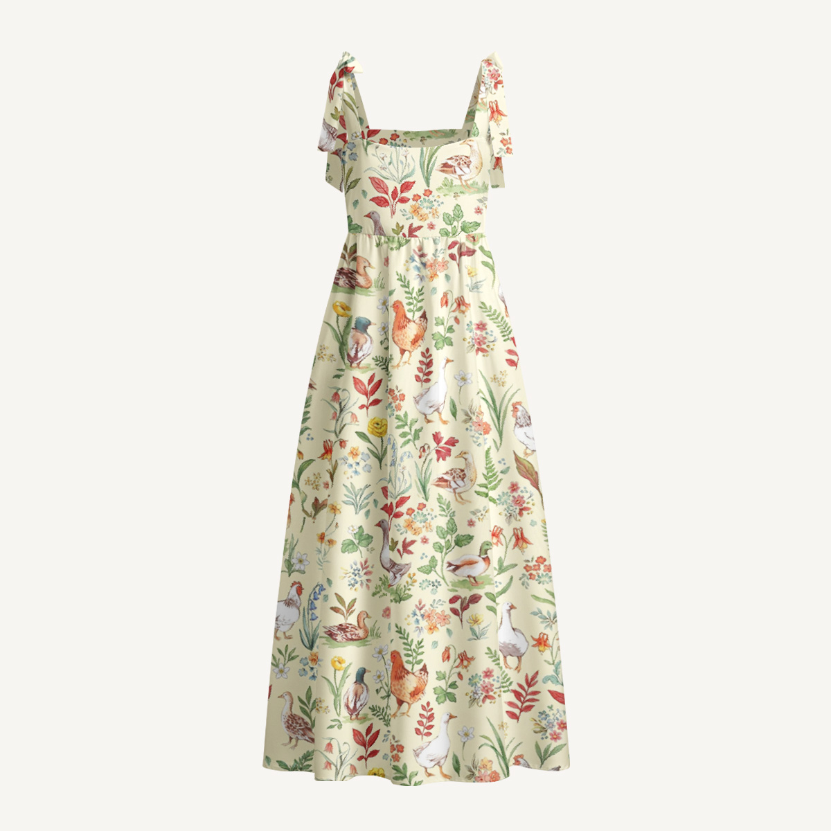 Countryside Garden Critter Print Bow Strap Maxi Dress