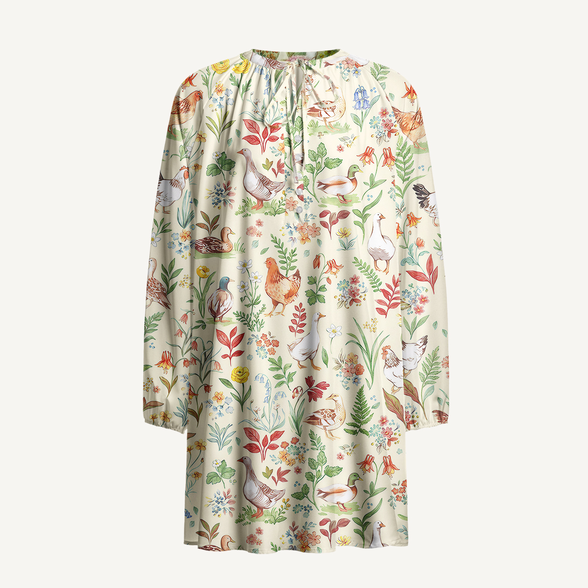 Countryside Garden Critter Print Boho Tie‑Neck Smock Mini Dress