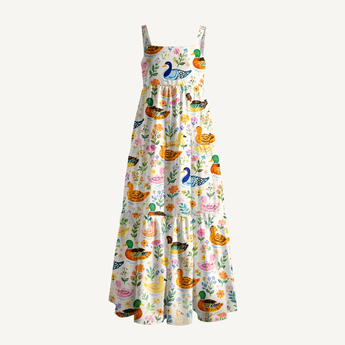 Colorful Duck Art Print Wide Straps Maxi Dress With Pockets
