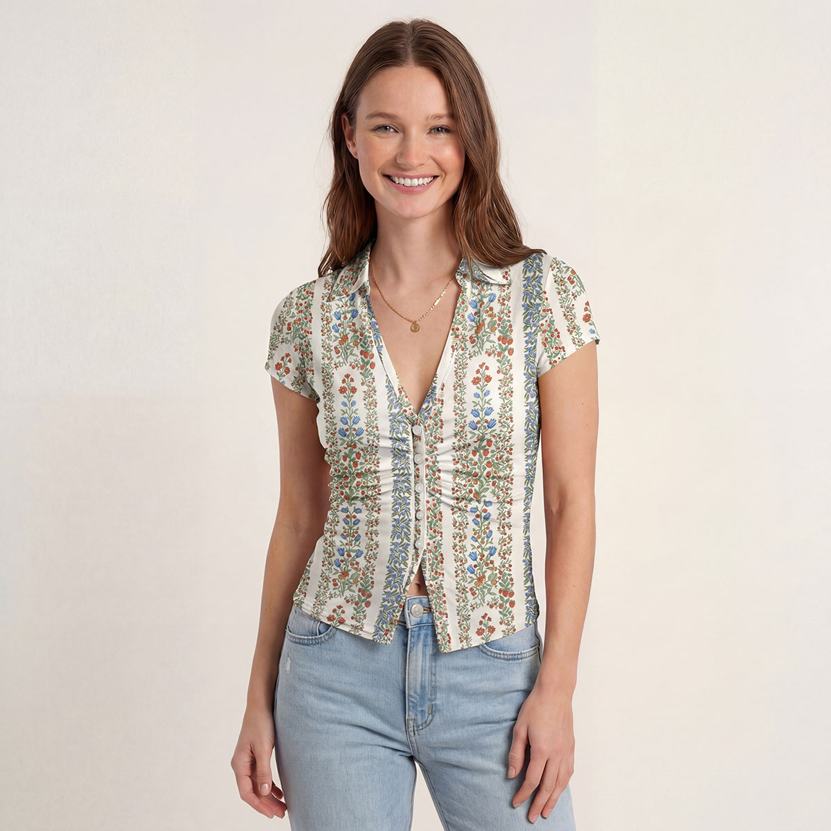 V-Neck Short Sleeve Strawberry Vine Tales Print Mesh Top