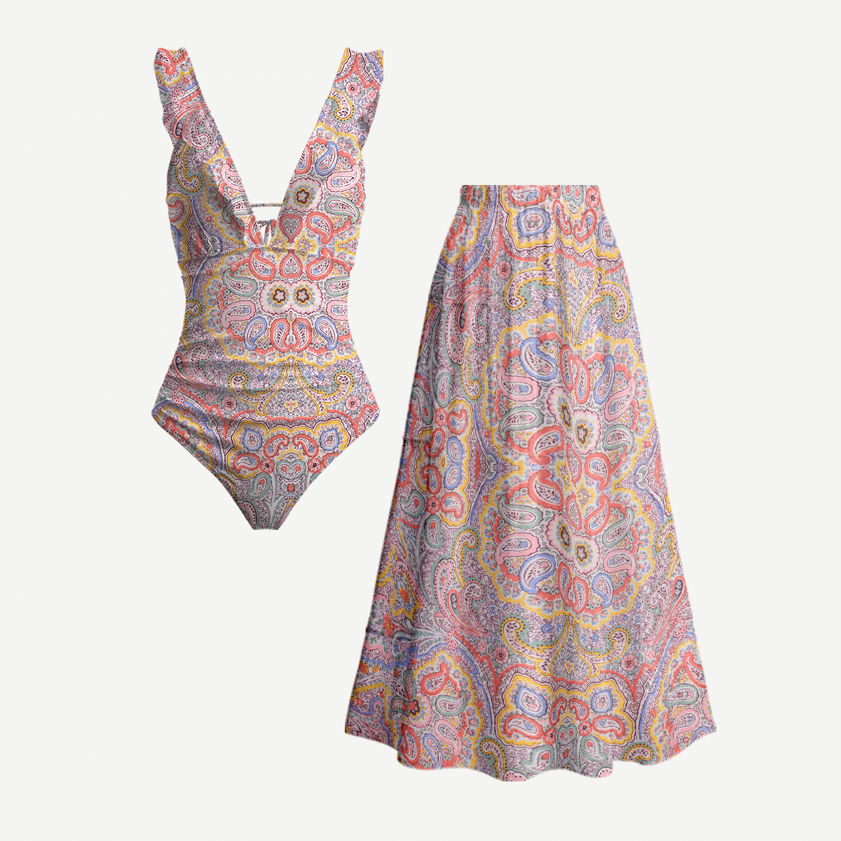 Sunrise Paisley Ruffled V Neck One Piece Swimsuit and Matching Midi Skirt Set