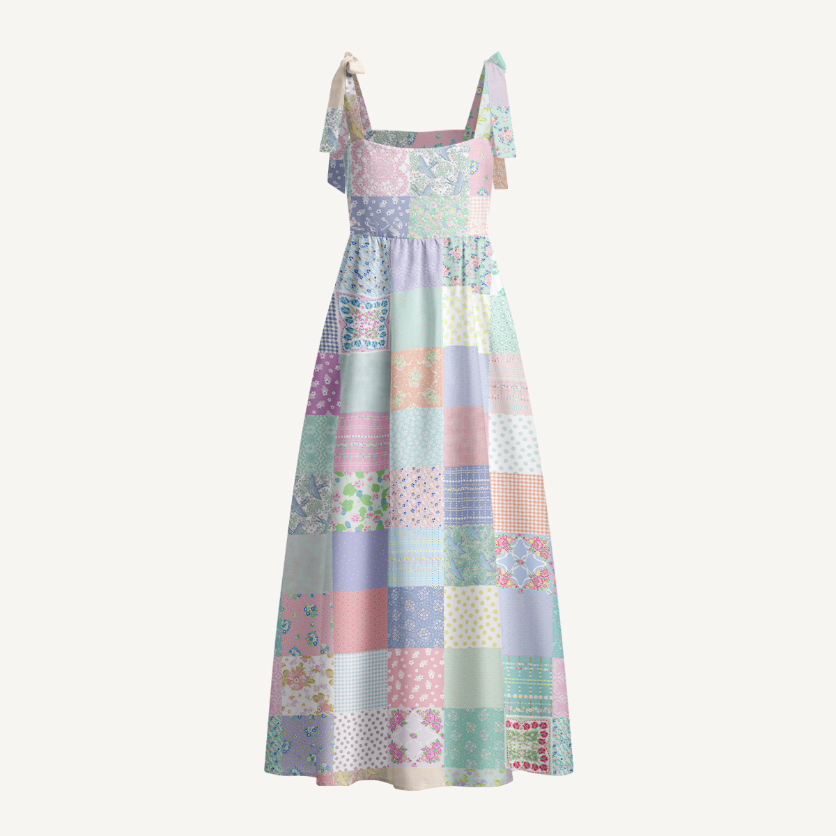 Vintage Quilt Patchwork Print Bow Strap Maxi Dress