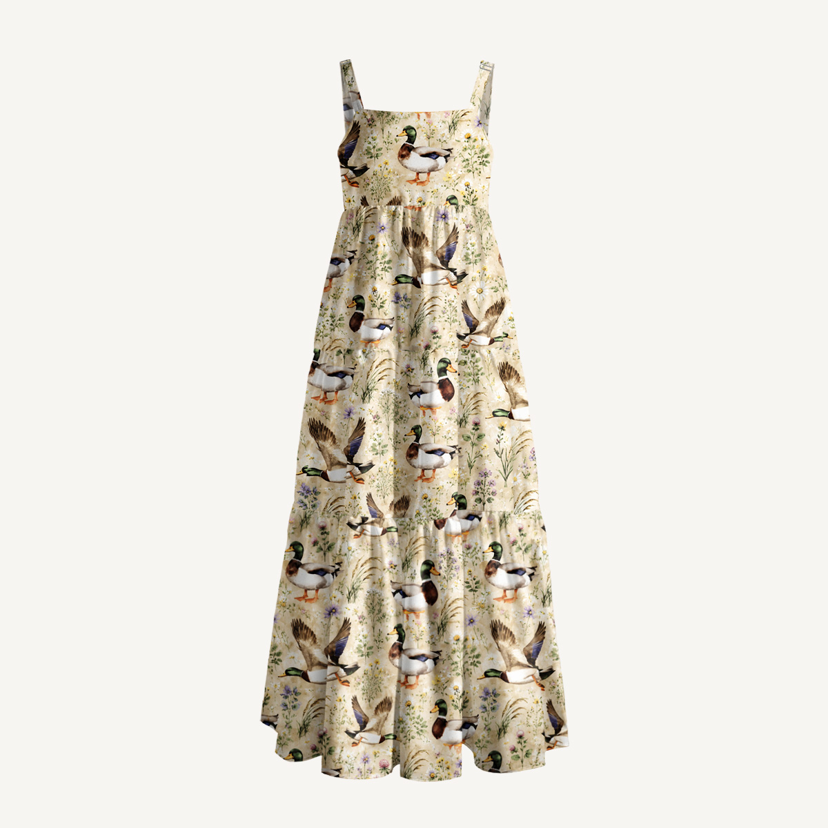 Watercolor Mallard Ducks Print Wide Straps Maxi Dress With Pockets