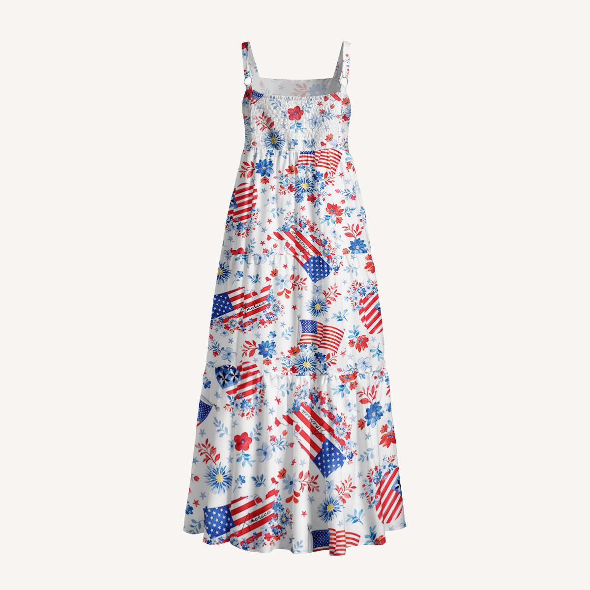Americana Flower Hearts  Print Wide Straps Maxi Dress With Pockets