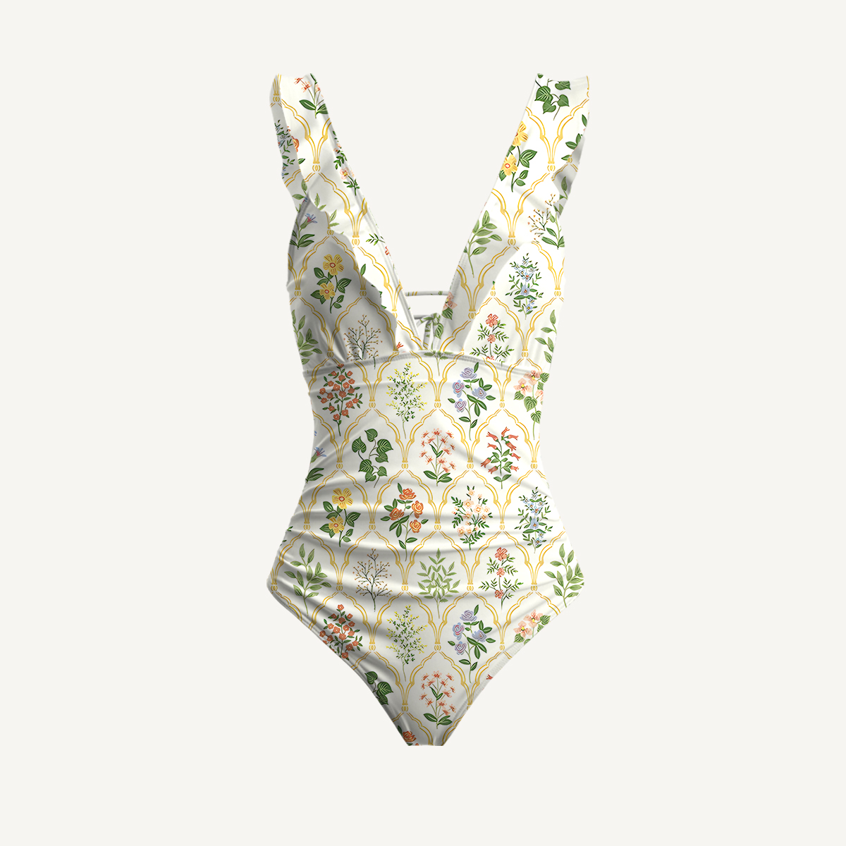 Warm Grid Floral Whisper Ruffled V Neck One Piece Swimsuit and Matching Midi Skirt Set