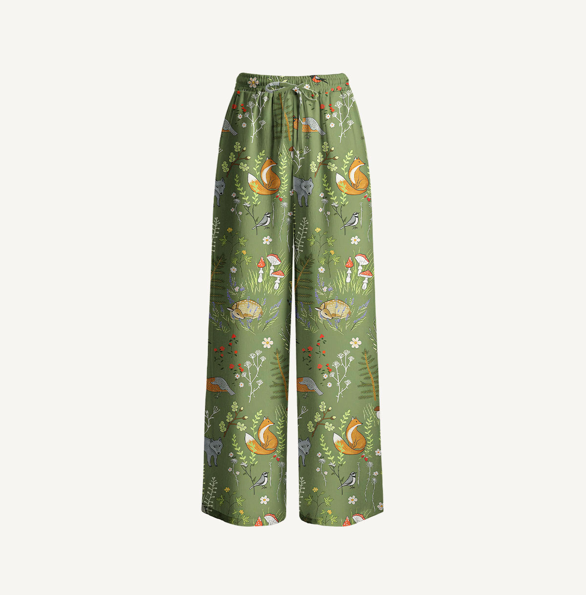 Whimsical Woodland Animals Print Wide Leg Tie Waist Pants With Pockets