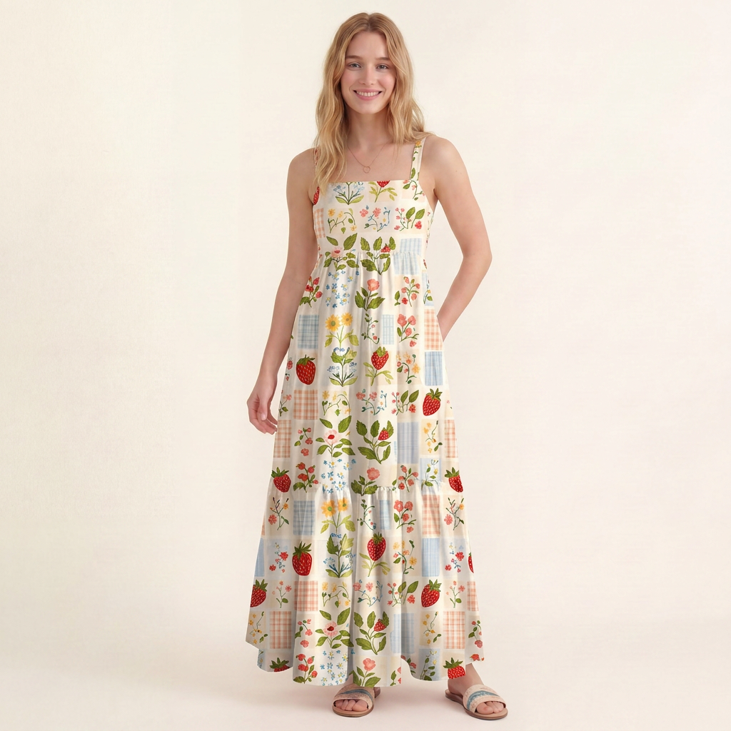 Strawberry Garden Patchwork Print Wide Straps Maxi Dress With Pockets