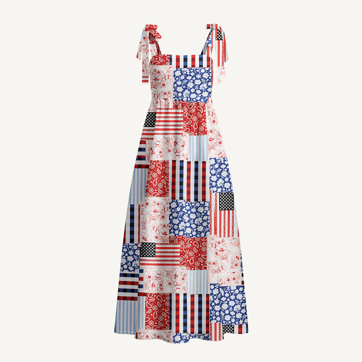 Patriotic Patchwork Quilt Print Bow Strap Maxi Dress