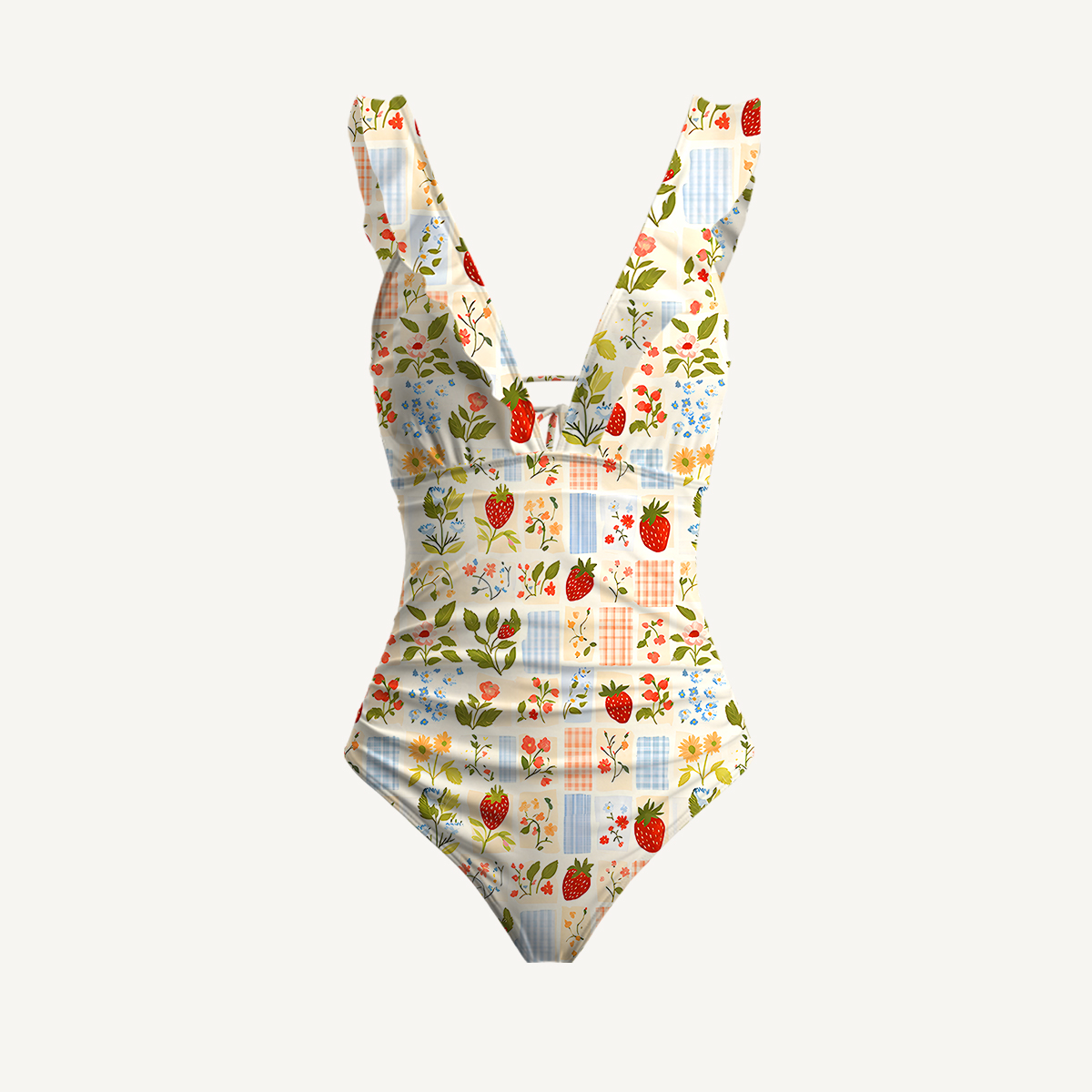Strawberry Garden Patchwork  Ruffled V Neck One Piece Swimsuit and Matching Midi Skirt Set