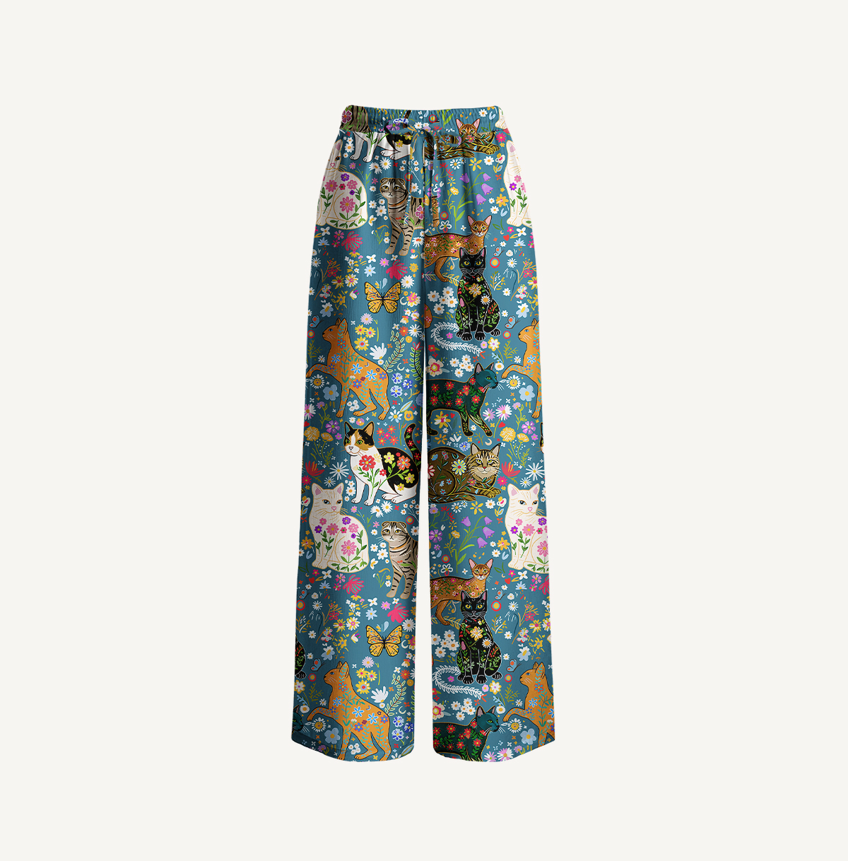 Colorful Garden Cat Pattern Print Wide Leg Tie Waist Pants With Pockets