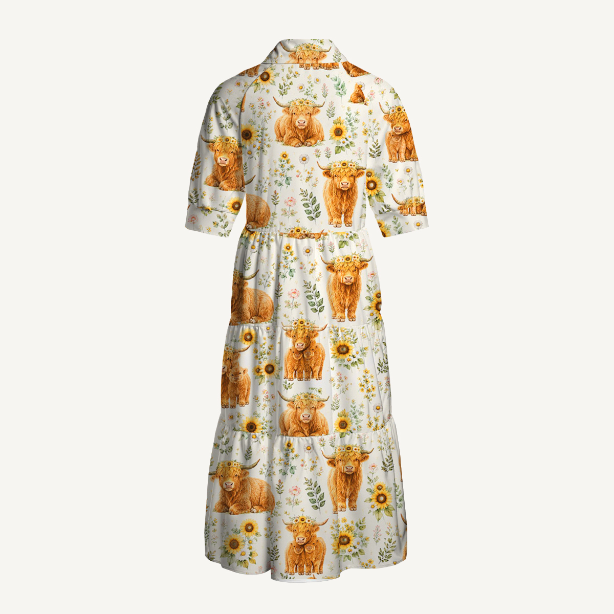 Spring Highland Cow Print Casual Midi Dress With Pockets