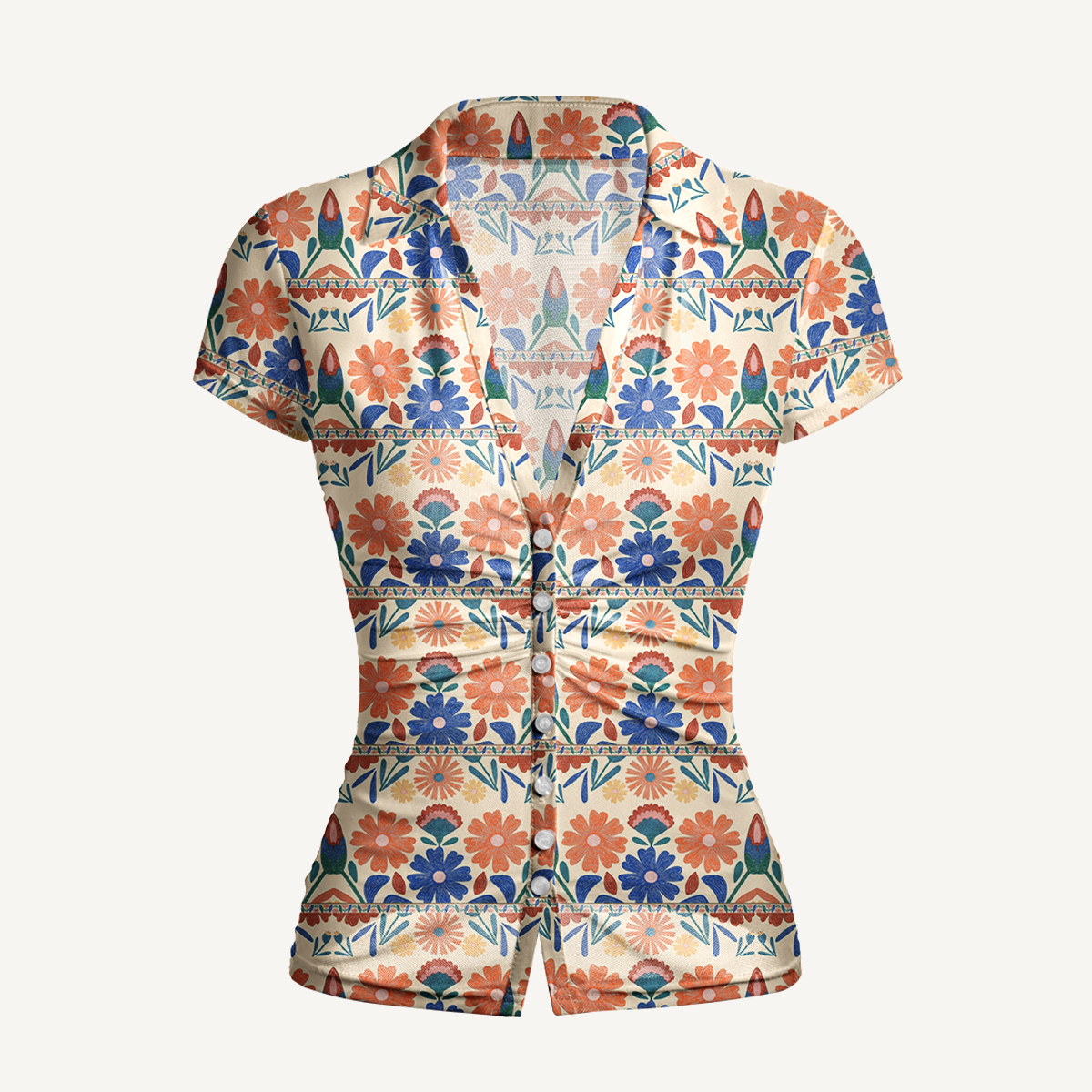 V-Neck Short Sleeve Bohemian Folk Floral Stripe Print Mesh Top