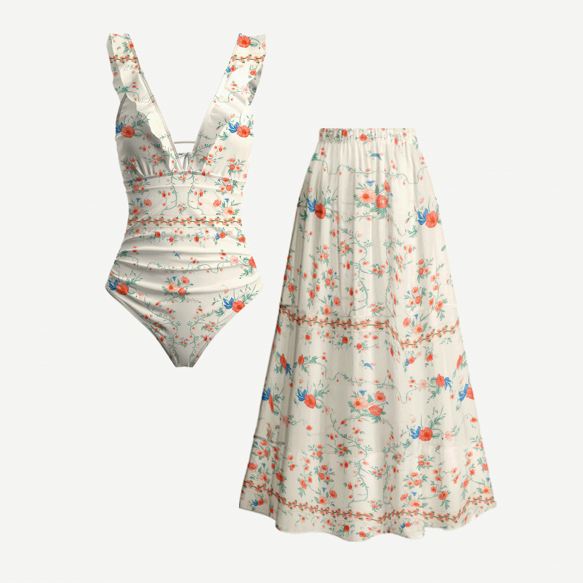 Wild Bloom Ruffled V Neck One Piece Swimsuit and Matching Midi Skirt Set