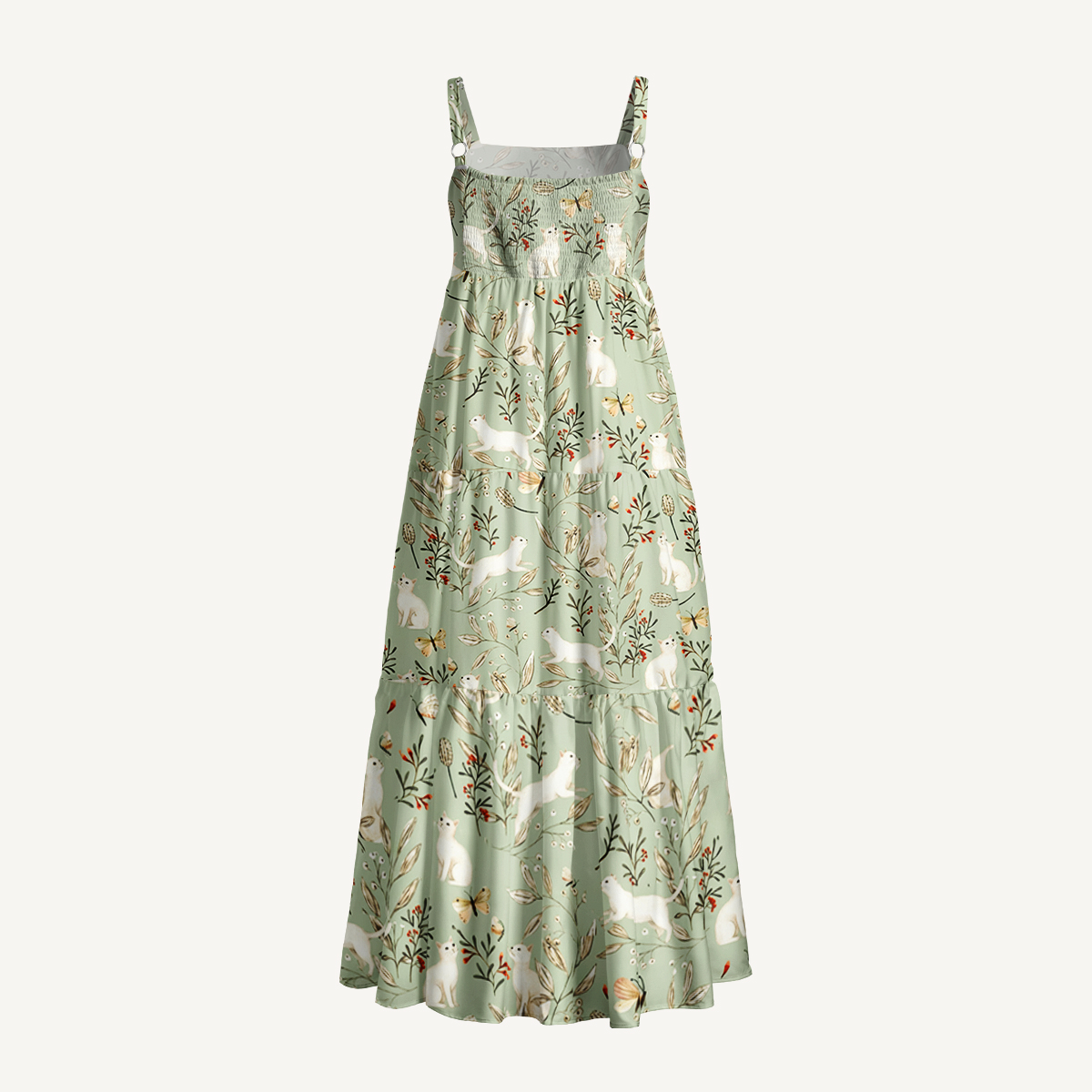 Enchanted Meadow Cat Print Wide Straps Maxi Dress With Pockets