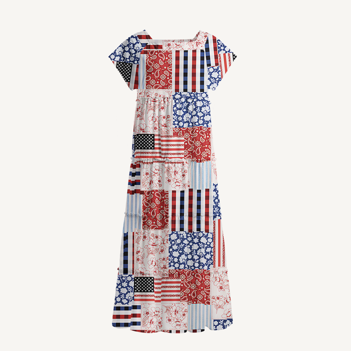 Patriotic Patchwork Quilt Square Neckline Cap Sleeve Maxi Dress