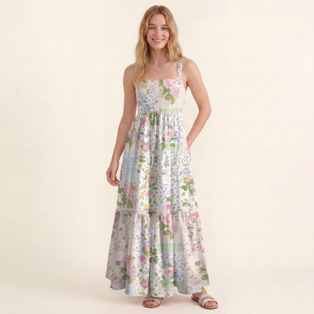 Pastel Rose Print Patchwork Wide Straps Maxi Dress With Pockets