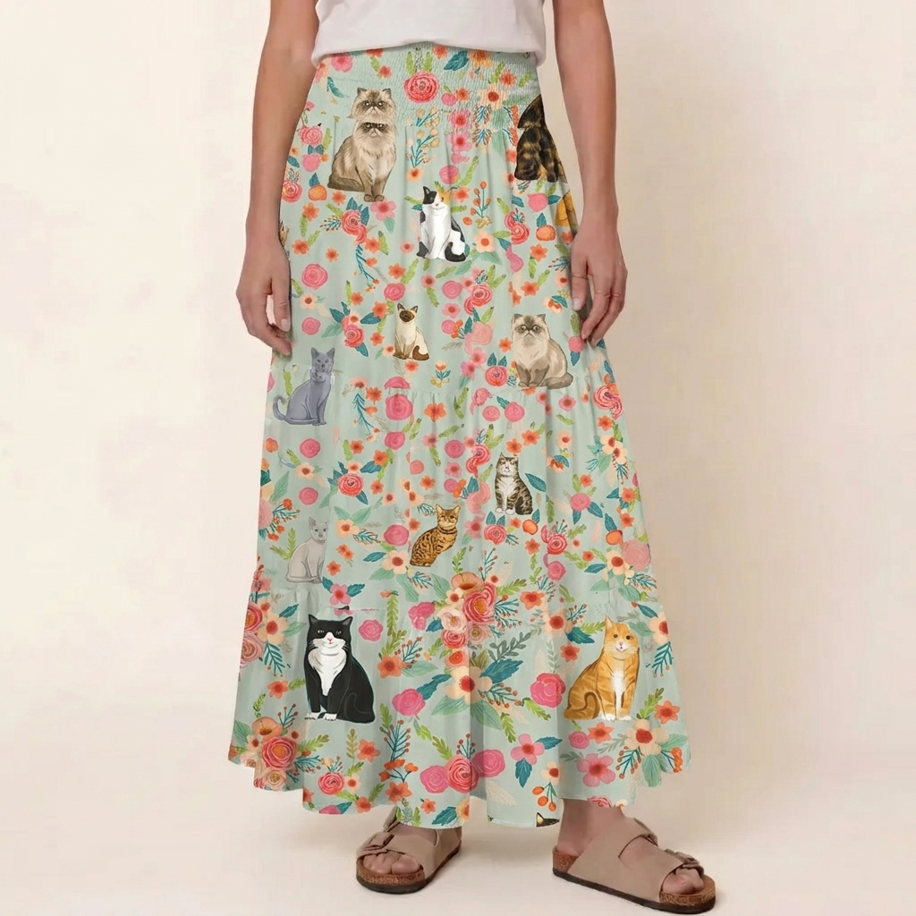 Flower Cat Print Convertible Maxi Skirt & Strapless Dress