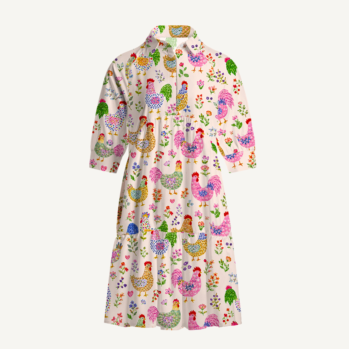 V Neck Collared Colorful Farm Chickens Mini Dress For Women With Pockets