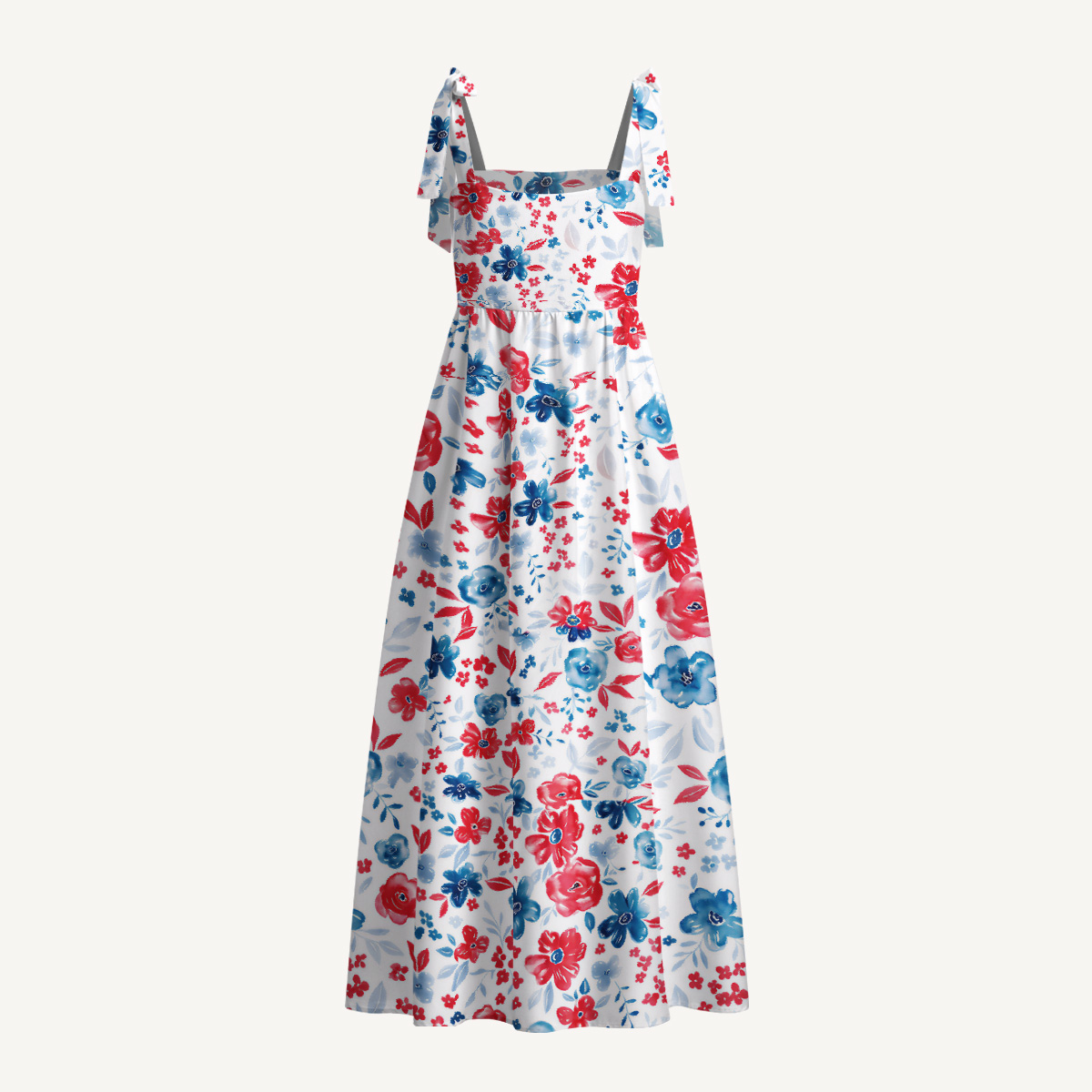 Patriotic Floral American Flag Print Bow Strap Maxi Dress