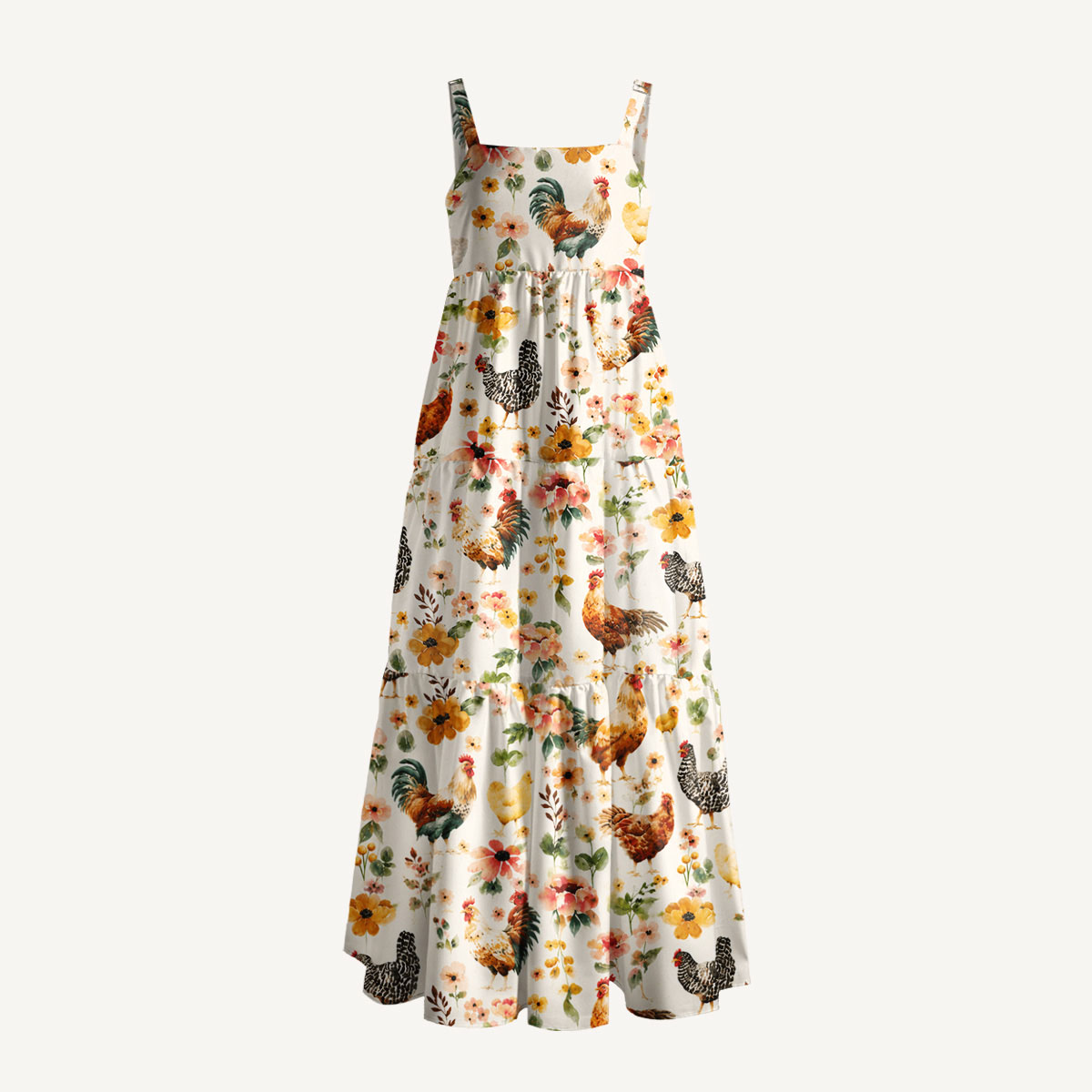 Watercolor Chicken Floral Print Wide Straps Maxi Dress With Pockets
