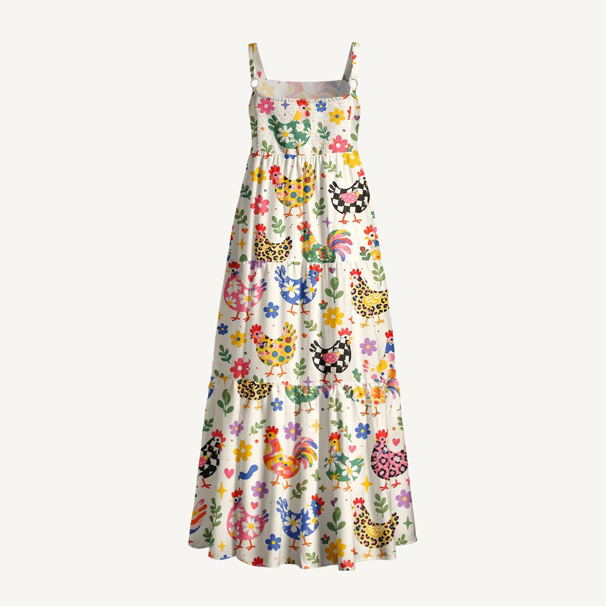 Funky Retro Chicken Print Wide Straps Maxi Dress With Pockets
