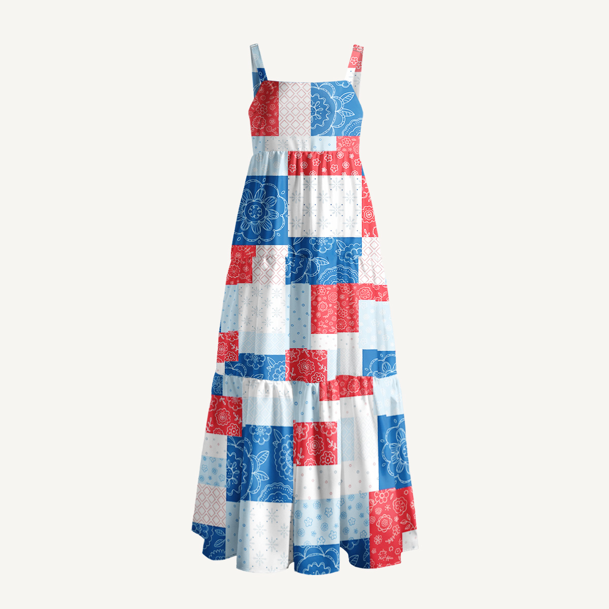 Patriotic Patchwork Print Wide Straps Maxi Dress With Pockets