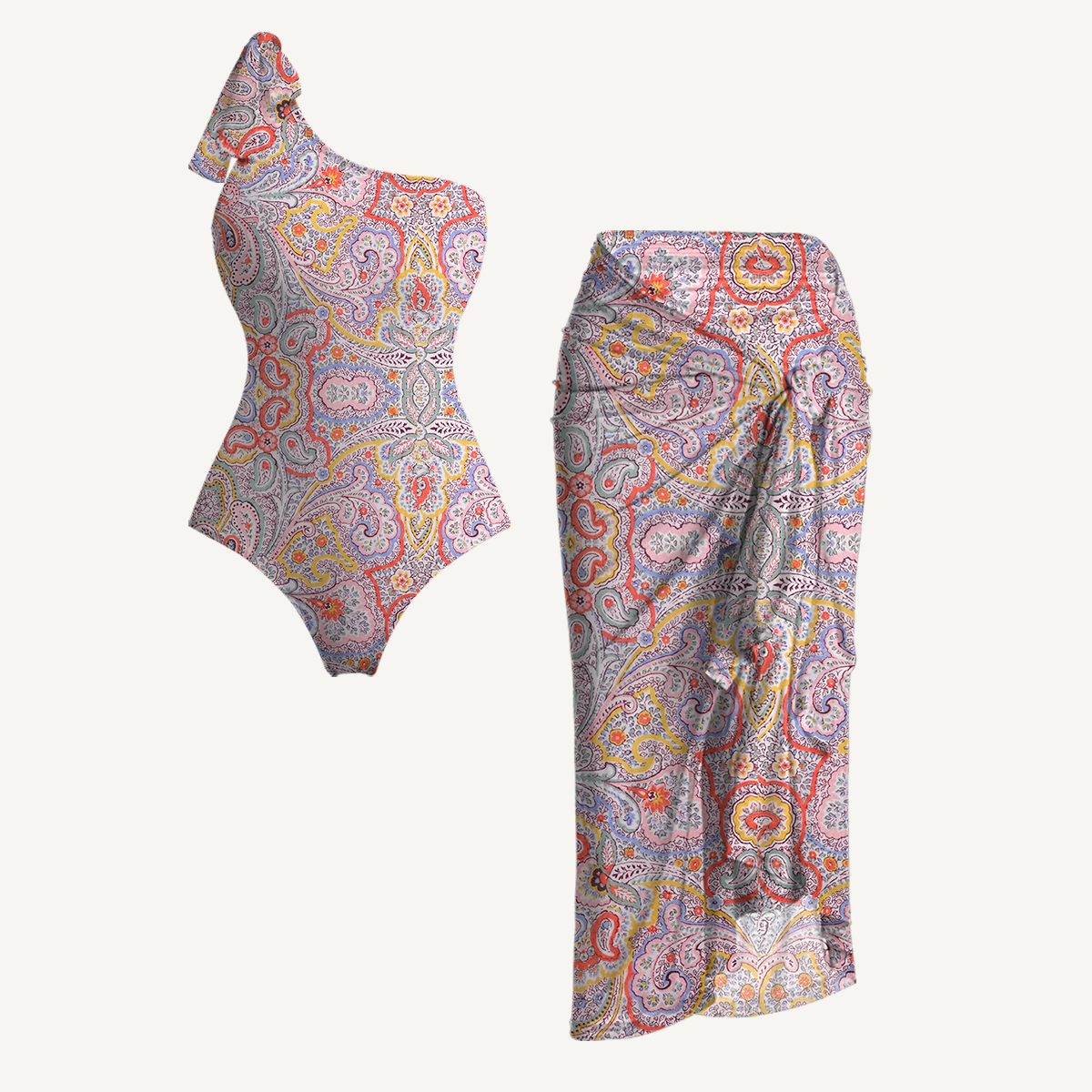 Sunrise Paisley One Shoulder One Piece Swimsuit and Matching Sarong Set for Women