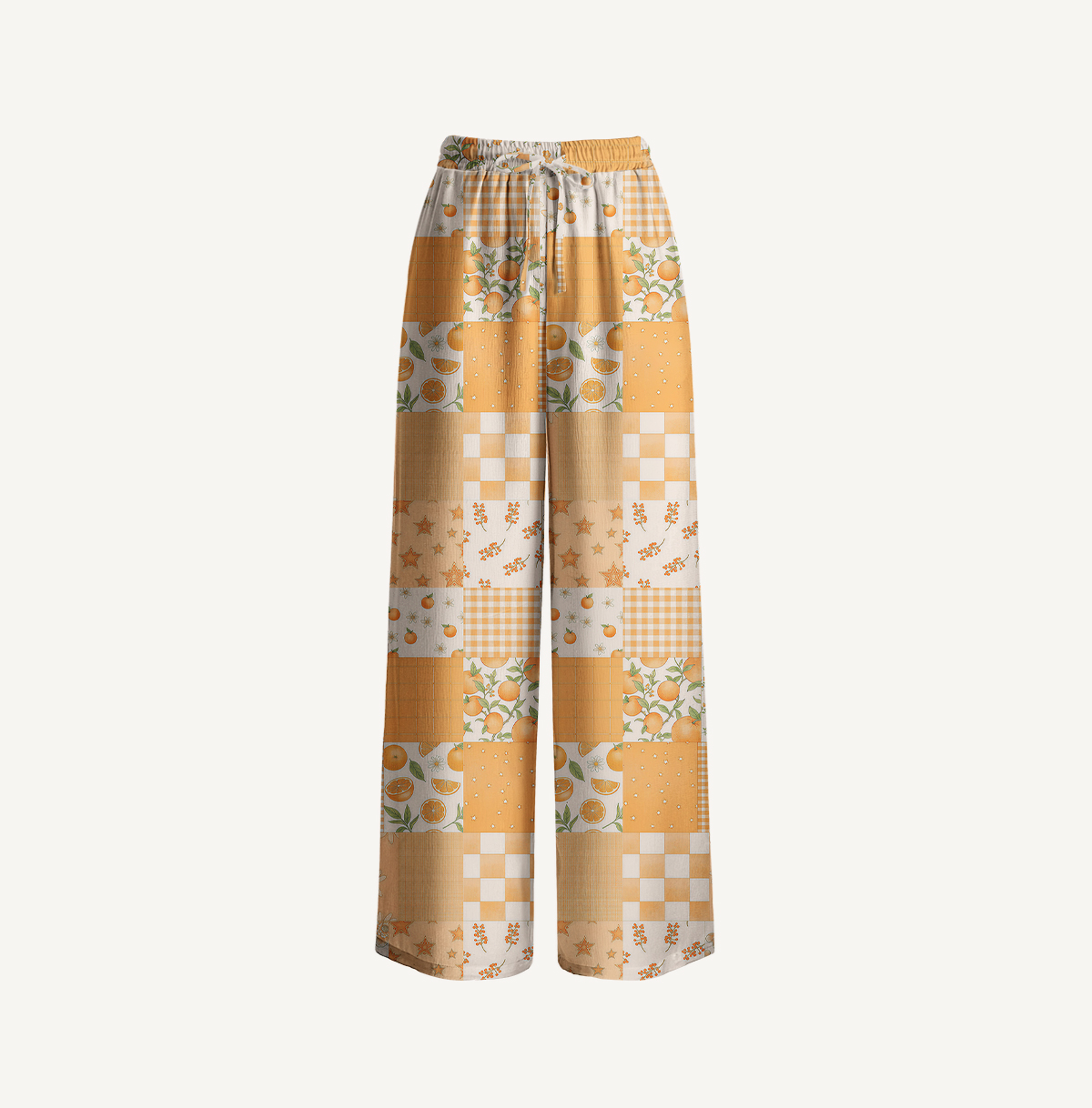 Lemon Sunshine Patchwork Print Wide Leg Tie Waist Pants With Pockets