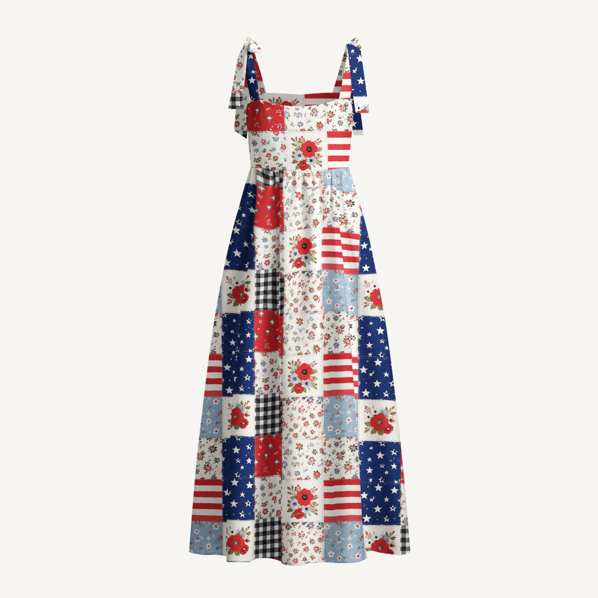 Flower Americana Patchwork Print Bow Strap Maxi Dress